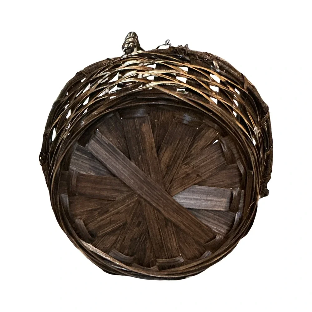 Vintage Dark Brown Wicker Basket High Handle Hand Woven Farmhouse Decor 13x8x7